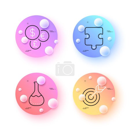 Illustration for Target, Money currency and Chemistry lab minimal line icons. 3d spheres or balls buttons. Puzzle icons. For web, application, printing. Targeting, Currency exchange, Laboratory. Puzzle piece. Vector - Royalty Free Image