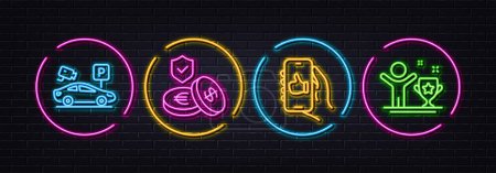 Illustration for Like app, Savings insurance and Parking security minimal line icons. Neon laser 3d lights. Winner cup icons. For web, application, printing. Smartphone thumbs up, Money exchange, Video camera. Vector - Royalty Free Image