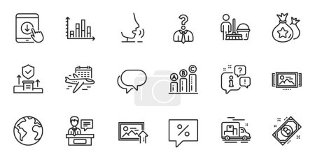 Illustration for Outline set of Scroll down, Discount message and Image carousel line icons for web application. Talk, information, delivery truck outline icon. Vector - Royalty Free Image