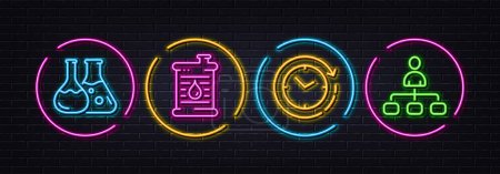 Illustration for Oil barrel, Time change and Chemistry lab minimal line icons. Neon laser 3d lights. Management icons. For web, application, printing. Gasoline fuel, Clock, Laboratory. Agent. Vector - Royalty Free Image