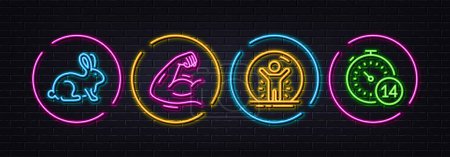 Illustration for Strong arm, Recovered person and Animal tested minimal line icons. Neon laser 3d lights. Quarantine icons. For web, application, printing. Muscle biceps, Quarantine, Bio product. Self-isolate. Vector - Royalty Free Image
