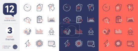 Illustration for Set of Documents, Coronavirus and Infographic graph line icons. Include Difficult stress, Time management, Cloud computing icons. Mindfulness stress, Upper arrows, Engineering web elements. Vector - Royalty Free Image