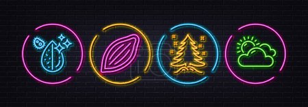 Illustration for Dirty water, Christmas tree and Cocoa nut minimal line icons. Neon laser 3d lights. Sunny weather icons. For web, application, printing. Aqua drop, Spruce, Vegetarian food. Summer. Vector - Royalty Free Image