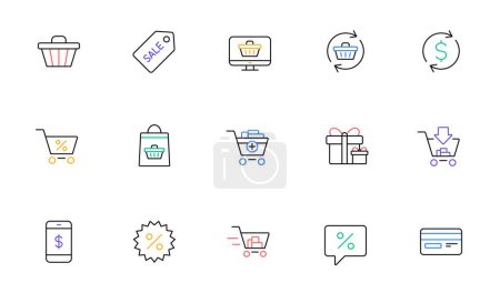 Téléchargez les illustrations : Shopping bag line icons. Gift, Present and Sale discount. Delivery linear icon set. Bicolor outline web elements. Vector - en licence libre de droit
