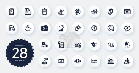 Illustration for Set of Finance icons, such as Web traffic, Piggy bank and Trade infochart flat icons. Currency exchange, Add purchase, Accounting web elements. Bitcoin, Dollar target, Cashback signs. Vector - Royalty Free Image