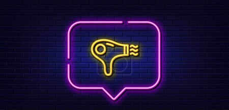 Illustration for Neon light speech bubble. Hair dryer line icon. Hairdryer sign. Hotel service symbol. Neon light background. Hair dryer glow line. Brick wall banner. Vector - Royalty Free Image