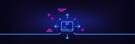 Illustration for Neon light glow effect. Cardboard box line icon. Warehouse parcel sign. Inventory package symbol. 3d line neon glow icon. Brick wall banner. Cardboard box outline. Vector - Royalty Free Image