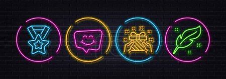 Illustration for Winner ribbon, Gift and Smile chat minimal line icons. Neon laser 3d lights. Feather icons. For web, application, printing. Best award, Present, Happy face. Nib pen. Neon lights buttons. Vector - Royalty Free Image