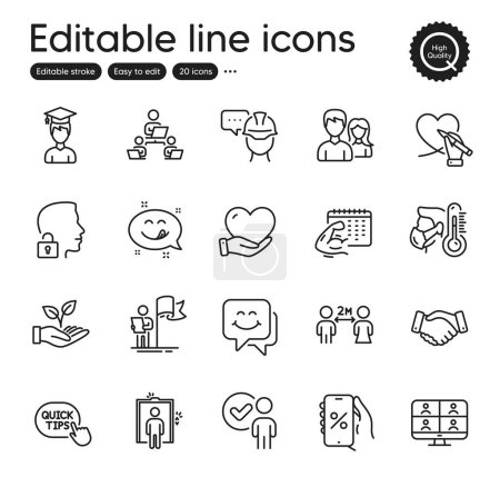 Illustration for Set of People outline icons. Contains icons as Leadership, Employees handshake and Verification person elements. Sick man, Social care, Video conference web signs. Social distancing. Vector - Royalty Free Image