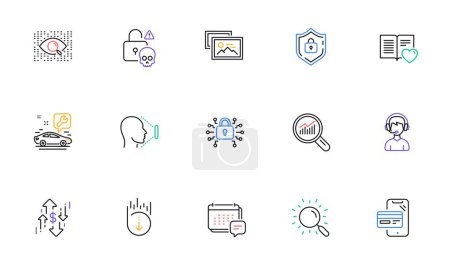 Illustration for Car service, Face id and Cyber attack line icons for website, printing. Collection of Data analysis, Security lock, Photo album icons. Shield, Love book, Consultant web elements. Vector - Royalty Free Image
