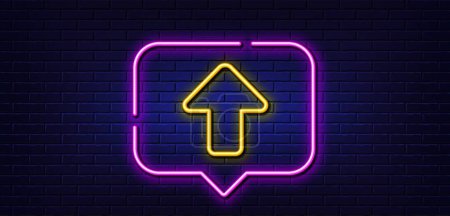 Illustration for Neon light speech bubble. Upload arrow line icon. Direction Arrowhead symbol. Navigation pointer sign. Neon light background. Upload glow line. Brick wall banner. Vector - Royalty Free Image