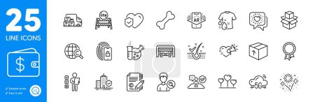 Illustration for Outline icons set. Dog bone, Voting ballot and Dollar wallet icons. Parking garage, Life insurance, 5g cloud web elements. Delivery truck, Augmented reality, Chemistry lab signs. Vector - Royalty Free Image