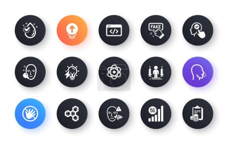 Illustration for Minimal set of Select user, Face search and Chemical formula flat icons for web development. Swipe up, 5g wifi, Water drop icons. Atom, Seo script, Voice wave web elements. Cough. Vector - Royalty Free Image