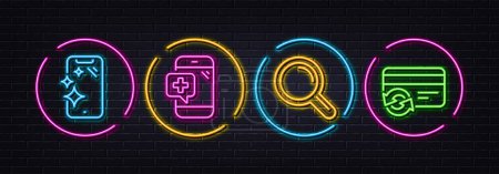 Illustration for Research, Medical phone and Smartphone clean minimal line icons. Neon laser 3d lights. Change card icons. For web, application, printing. Magnifying glass, Mobile medicine, Phone screen. Vector - Royalty Free Image