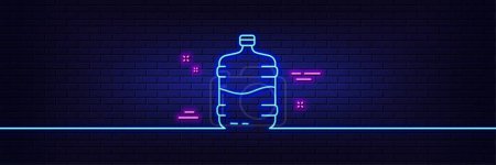 Illustration for Neon light glow effect. Water cooler bottle line icon. Still aqua drink sign. Liquid symbol. 3d line neon glow icon. Brick wall banner. Cooler bottle outline. Vector - Royalty Free Image