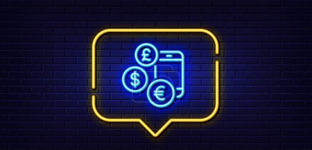 Illustration for Neon light speech bubble. Currency rates line icon. Money exchange sign. Phone trade symbol. Neon light background. Currency rate glow line. Brick wall banner. Vector - Royalty Free Image