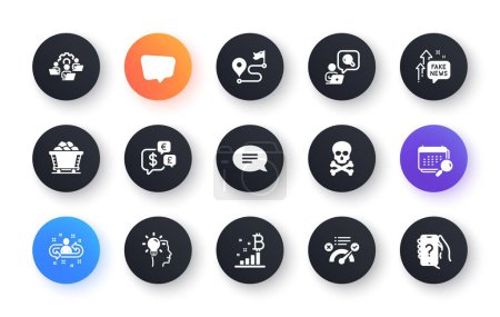 Illustration for Minimal set of Fake news, Correct answer and Money currency flat icons for web development. Chat message, Bitcoin graph, Journey icons. Inspect, Calendar, Teamwork web elements. Vector - Royalty Free Image