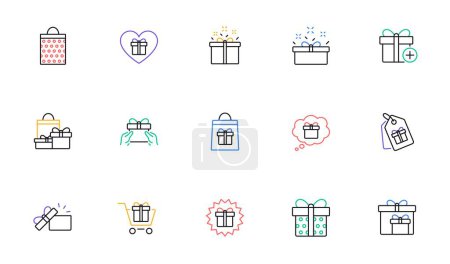 Illustration for Gift line icons. Present, Special offer and Sale. Shopping linear icon set. Bicolor outline web elements. Vector - Royalty Free Image