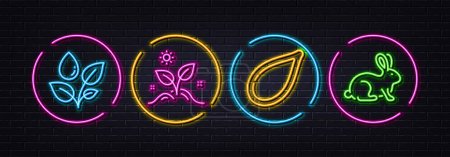 Illustration for Grow plant, Plants watering and Pumpkin seed minimal line icons. Neon laser 3d lights. Animal tested icons. For web, application, printing. Leaves, Water drop, Vegetarian food. Bio product. Vector - Royalty Free Image
