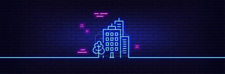 Illustration for Neon light glow effect. Buildings line icon. City architecture with tree sign. Skyscraper building symbol. 3d line neon glow icon. Brick wall banner. Buildings outline. Vector - Royalty Free Image