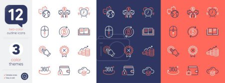 Illustration for Set of Refresh bitcoin, Touchscreen gesture and Sharing economy line icons. Include Lock, Cloud computing, Education icons. Reject medal, Time management, Full rotation web elements. Vector - Royalty Free Image
