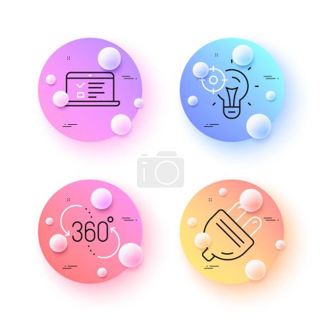 Illustration for Electric plug, Seo idea and 360 degree minimal line icons. 3d spheres or balls buttons. Web lectures icons. For web, application, printing. Energy, Performance, Virtual reality. Online test. Vector - Royalty Free Image