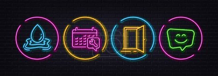 Illustration for Open door, Spanner and Water splash minimal line icons. Neon laser 3d lights. Smile face icons. For web, application, printing. Entrance, Repair service, Aqua drop. Chat. Neon lights buttons. Vector - Royalty Free Image
