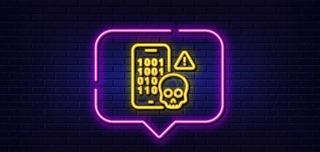 Illustration for Neon light speech bubble. Cyber attack line icon. Ransomware threat sign. Phone hacking symbol. Neon light background. Cyber attack glow line. Brick wall banner. Vector - Royalty Free Image