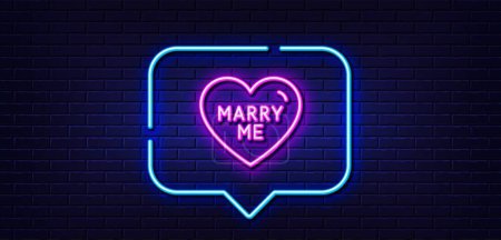 Illustration for Neon light speech bubble. Marry me line icon. Sweet heart sign. Wedding love symbol. Neon light background. Marry me glow line. Brick wall banner. Vector - Royalty Free Image