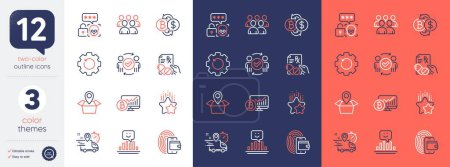 Illustration for Set of Ranking stars, Approved teamwork and Recovery gear line icons. Include Cyber attack, Package location, Wallet icons. Bitcoin exchange, Group, Smile web elements. Bicolor outline icon. Vector - Royalty Free Image