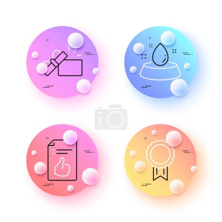 Illustration for Approved document, Opened gift and Reward minimal line icons. 3d spheres or balls buttons. Water bowl icons. For web, application, printing. Like symbol, Present box, Best medal. Pets feeding. Vector - Royalty Free Image