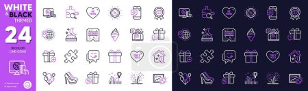 Illustration for Fireworks, Add gift and Mattress line icons for website, printing. Collection of Discount, Search puzzle, Roller coaster icons. Shoes, Only you, Winner ticket web elements. Balloons. Vector - Royalty Free Image