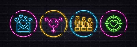 Illustration for Genders, Equality and Love mail minimal line icons. Neon laser 3d lights. Valentine target icons. For web, application, printing. Inclusion, Equity, Valentines letter. Heart in aim. Vector - Royalty Free Image