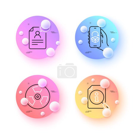 Illustration for Resume document, Delivery app and Search minimal line icons. 3d spheres or balls buttons. Chemical hazard icons. For web, application, printing. Application, Return package, Find info. Toxic. Vector - Royalty Free Image