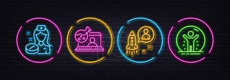 Illustration for Nurse, Online chemistry and Startup minimal line icons. Neon laser 3d lights. Recovered person icons. For web, application, printing. Medicine pill, Lab flask, Developer. Quarantine. Vector - Royalty Free Image
