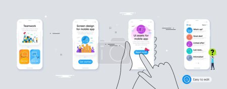 Illustration for Set of Fake internet, Voting campaign and Checkbox line icons. Phone ui interface. Include 24h service, Atm service, Event click icons. Dots message, Employee results, Bitcoin pay web elements. Vector - Royalty Free Image