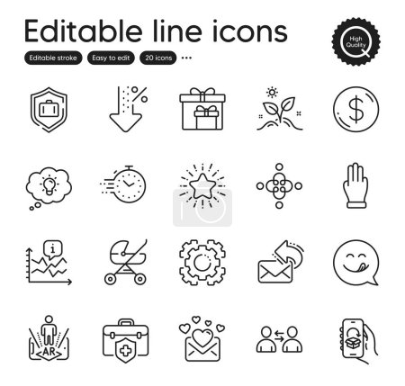 Illustration for Set of Business outline icons. Contains icons as Seo gear, Baby carriage and Luggage protect elements. Timer, Star, Delivery boxes web signs. Dollar money, Three fingers, Inclusion elements. Vector - Royalty Free Image