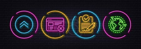 Illustration for Reject web, Rfp and Swipe up minimal line icons. Neon laser 3d lights. Outsourcing icons. For web, application, printing. No internet, Request for proposal, Scroll screen. Around the world. Vector - Royalty Free Image