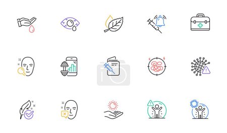 Illustration for Face declined, Stress and Vaccine announcement line icons for website, printing. Collection of Leaf, Hypoallergenic tested, Sun protection icons. Face search, Fitness app. Vector - Royalty Free Image