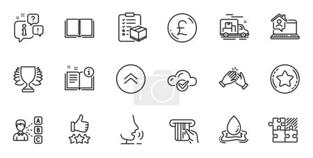 Illustration for Outline set of Opinion, Water splash and Swipe up line icons for web application. Talk, information, delivery truck outline icon. Include Parcel checklist, Book, Cloud computing icons. Vector - Royalty Free Image