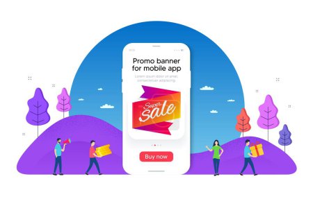 Illustration for Super sale banner. Phone ui interface banner. Discount sticker shape. Coupon tag icon. Mobile smartphone promo banner. Super sale tag. Man with gift box. Vector - Royalty Free Image