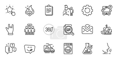 Illustration for Outline set of Yummy smile, Recovery gear and 360 degrees line icons for web application. Talk, information, delivery truck outline icon. Include Bitcoin project, Ranking star, Clipboard icons. Vector - Royalty Free Image