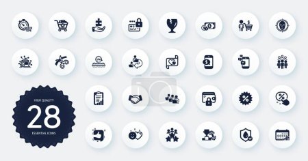 Illustration for Set of Business icons, such as Waterproof, Scissors and Teamwork flat icons. Remove purchase, Quick tips, Dumbbell web elements. Like, Buyer, Group people signs. Checklist. Circle buttons. Vector - Royalty Free Image