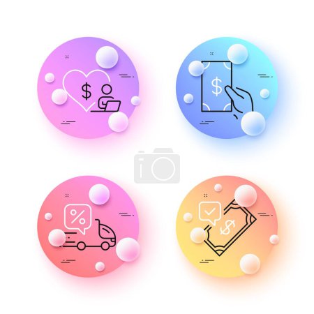 Illustration for Accepted payment, Receive money and Volunteer minimal line icons. 3d spheres or balls buttons. Delivery discount icons. For web, application, printing. Bank transfer, Cash payment, Social care. Vector - Royalty Free Image