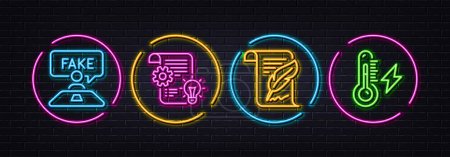 Illustration for Cogwheel, Fake review and Feather minimal line icons. Neon laser 3d lights. Electricity power icons. For web, application, printing. Idea bulb, Wrong talk, Copyright page. Electric energy. Vector - Royalty Free Image