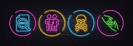 Illustration for Chemical hazard, Seo file and Survey minimal line icons. Neon laser 3d lights. Helping hand icons. For web, application, printing. Toxic death, Search document, Contract. Give gesture. Vector - Royalty Free Image
