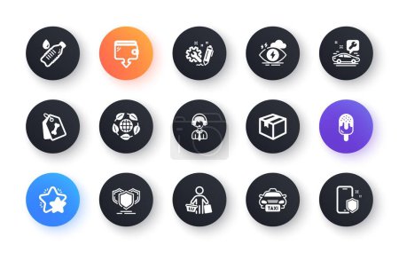 Illustration for Minimal set of Wallet, Buyer and Water bottle flat icons for web development. Star, Car service, Ice cream icons. Parcel, Engineering, Shipping support web elements. Shields, Pet tags, Taxi. Vector - Royalty Free Image