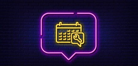 Illustration for Neon light speech bubble. Spanner tool line icon. Repair service calendar sign. Fix instruments symbol. Neon light background. Spanner glow line. Brick wall banner. Vector - Royalty Free Image