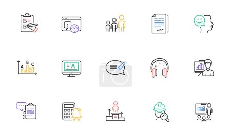 Online video, Calculator alarm and Document signature line icons for website, printing. Collection of Clipboard, Headphones, Presentation icons. Survey results, Business hierarchy. Vector