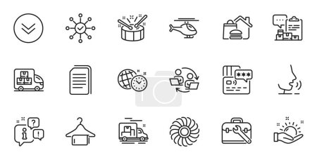 Illustration for Outline set of Card, Teamwork process and Helicopter line icons for web application. Talk, information, delivery truck outline icon. Include Survey check, Fan engine, Scroll down icons. Vector - Royalty Free Image